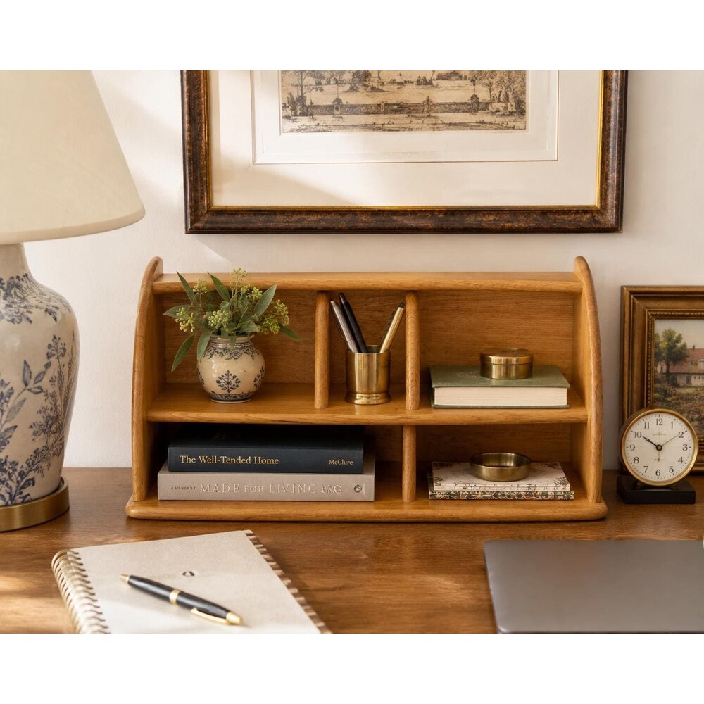 Vintage Oak Desktop Organizer Mail Sorter | Wood Cubby Shelf